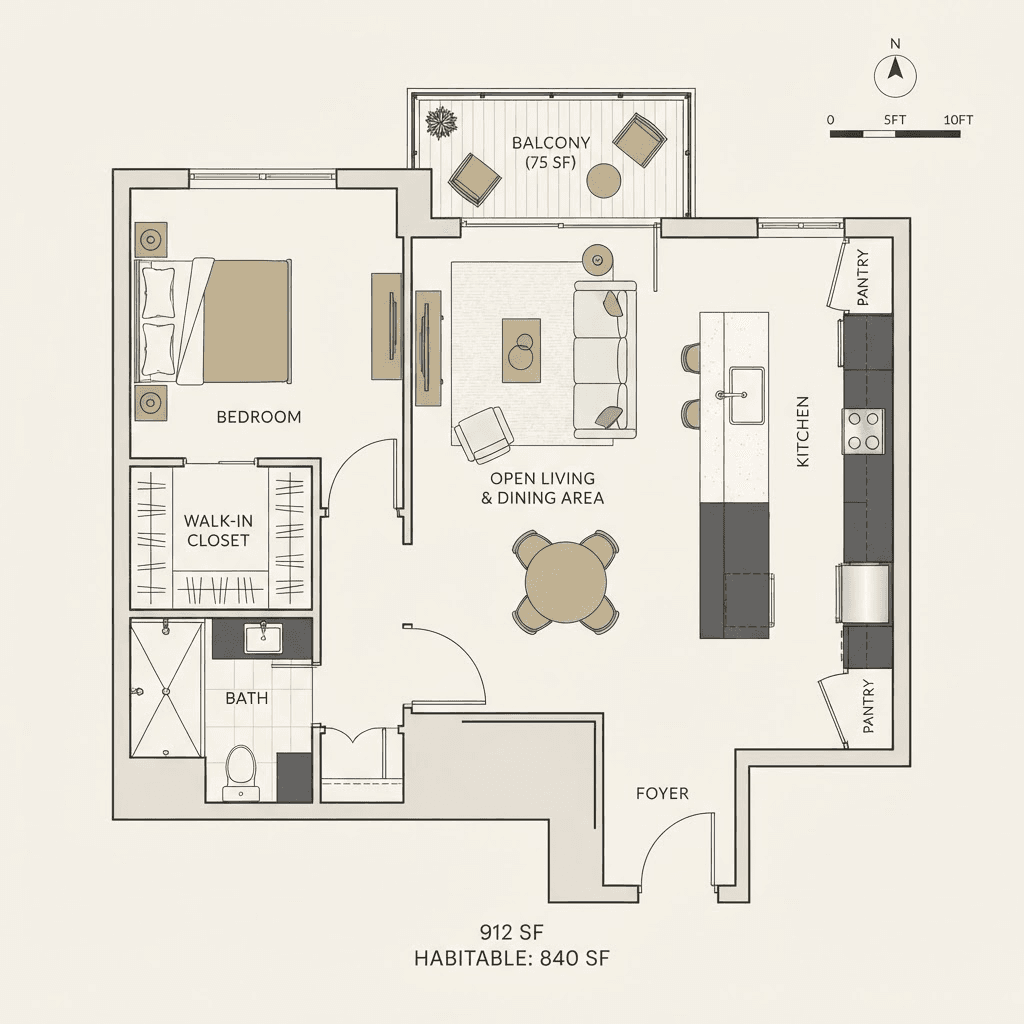 One Bedroom Residence Floor Plan - 912 sqft gross, 840 sqft habitable
