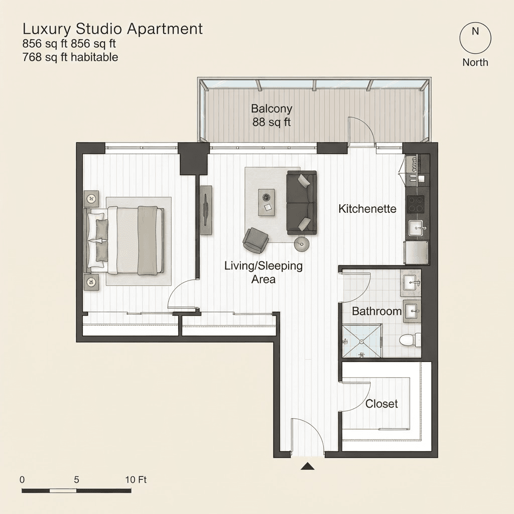 Studio Residence Floor Plan - 856 sqft gross, 768 sqft habitable